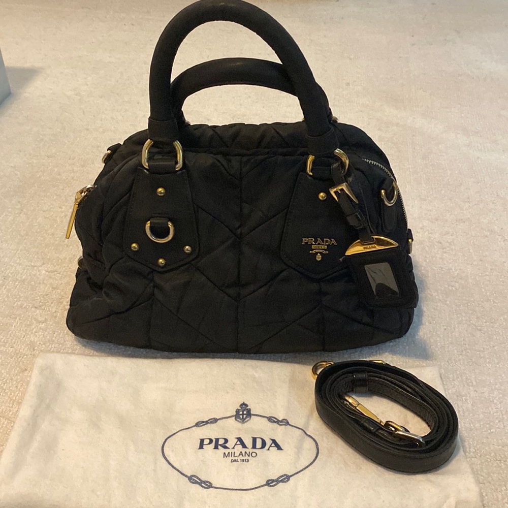 PRADA black Nylon handbag with detachable crossbody leather and dust bag